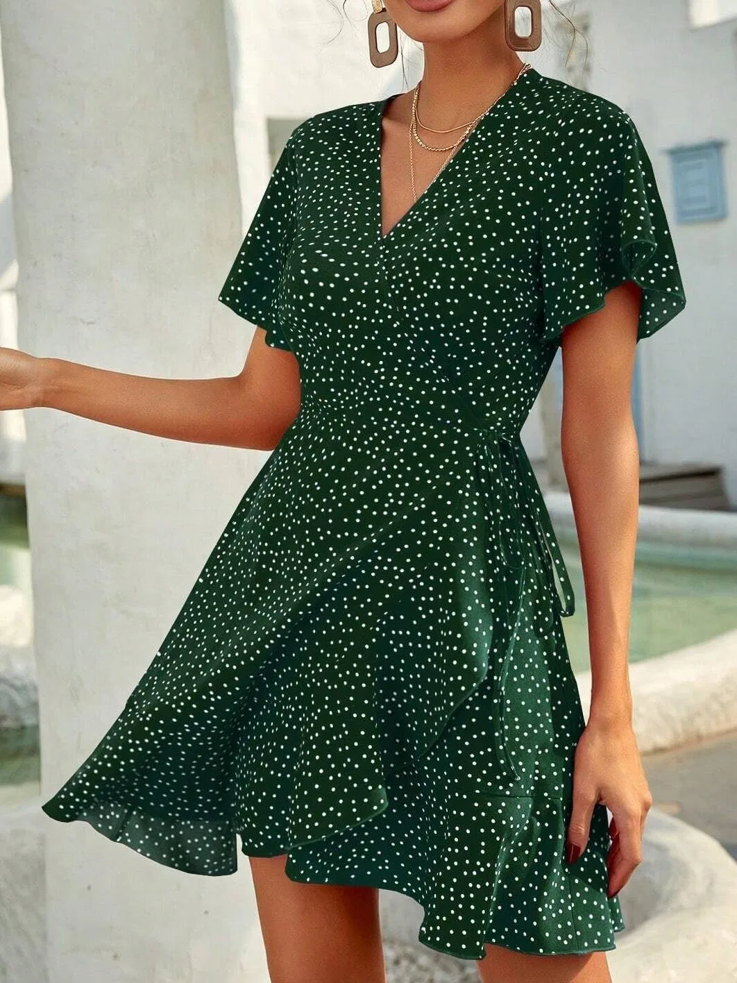 Женское платье А-силуэта с запахом Polka Dot, Dark Green — фото 2