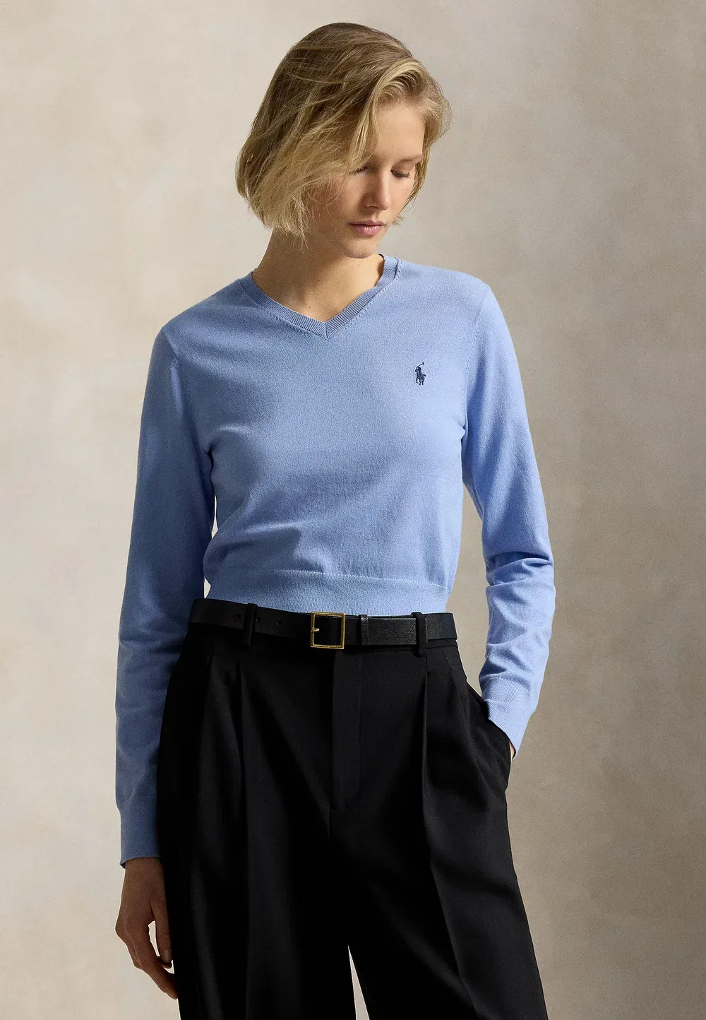 Усаженный свитер с V-образным вырезом из смесовой хлопковой ткани Polo Ralph Lauren, Blue