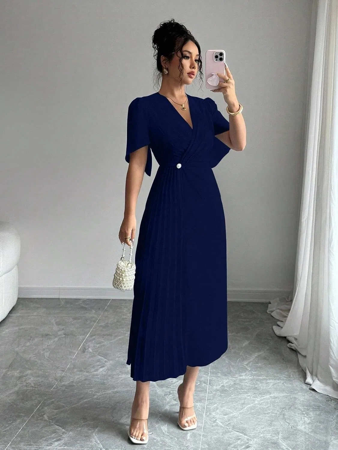 Женское элегантное платье с драпировкой V-образным вырезом, Navy Blue — фото 4