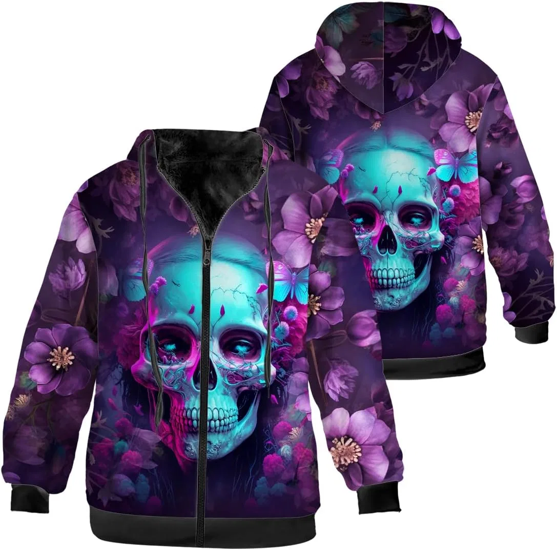 Женское зимнее пальто с принтом Flower Skull, на молнии, с капюшоном, фиолетовый — фото 3