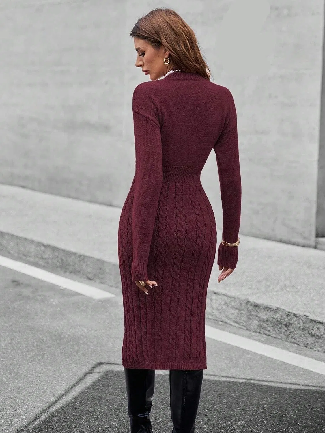 Женское вязаное платье миди с поясом Casual, Burgundy — фото 3
