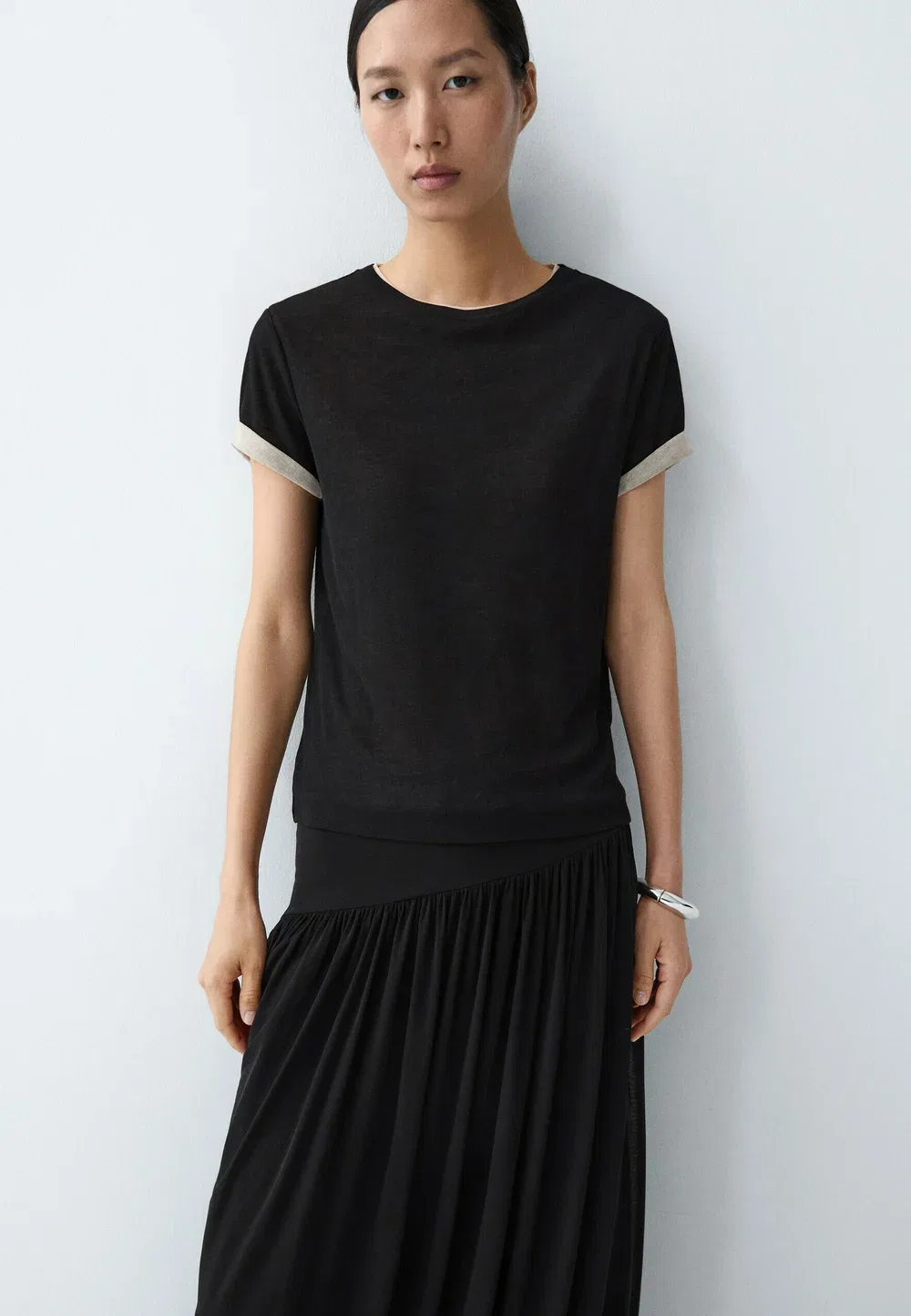 Двухслойная футболка с коротким рукавом - базовая футболка Massimo Dutti, Black