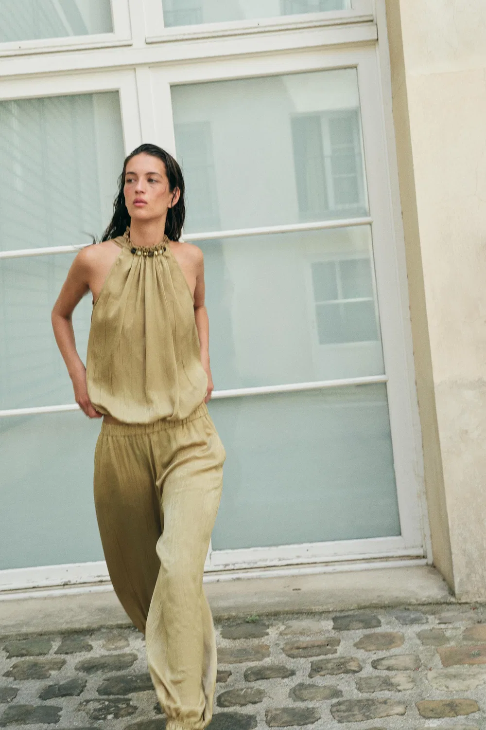 Топ с бисером на шее ZARA, Olive green — фото 4