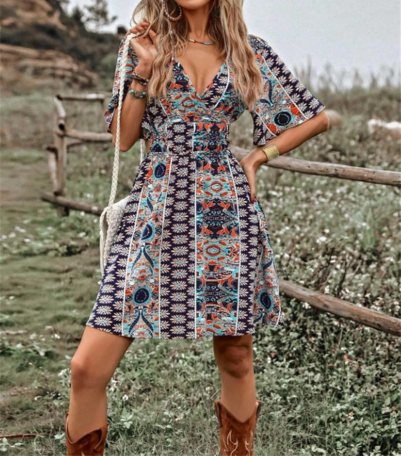 Женское мини-платье с богемным принтом Flutter Sleeve Cutout Back Summer Festival, Blue — фото 3