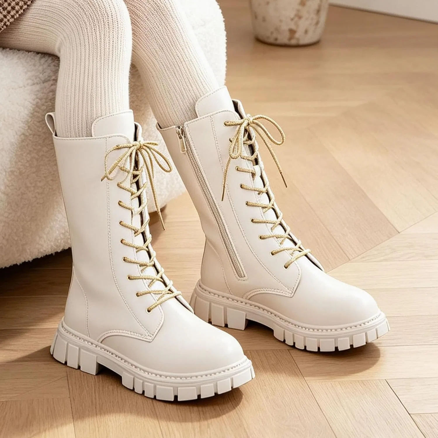Детские ботинки для девочек на шнуровке с боковой молнией Combat Boots Cephalyxion, White — фото 4