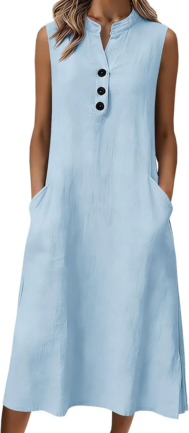 Женское летнее платье миди с V-образным вырезом Cotton Linen, Light Blue