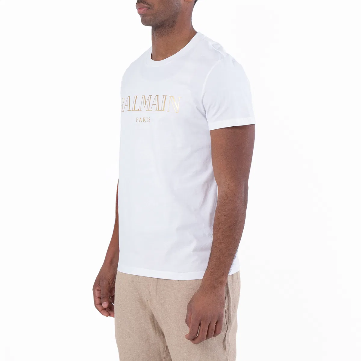 Футболка хлопковая с металлизированным принтом Metallic Logo Print Cotton T Shirt Balmain, Gad White/Or — фото 2