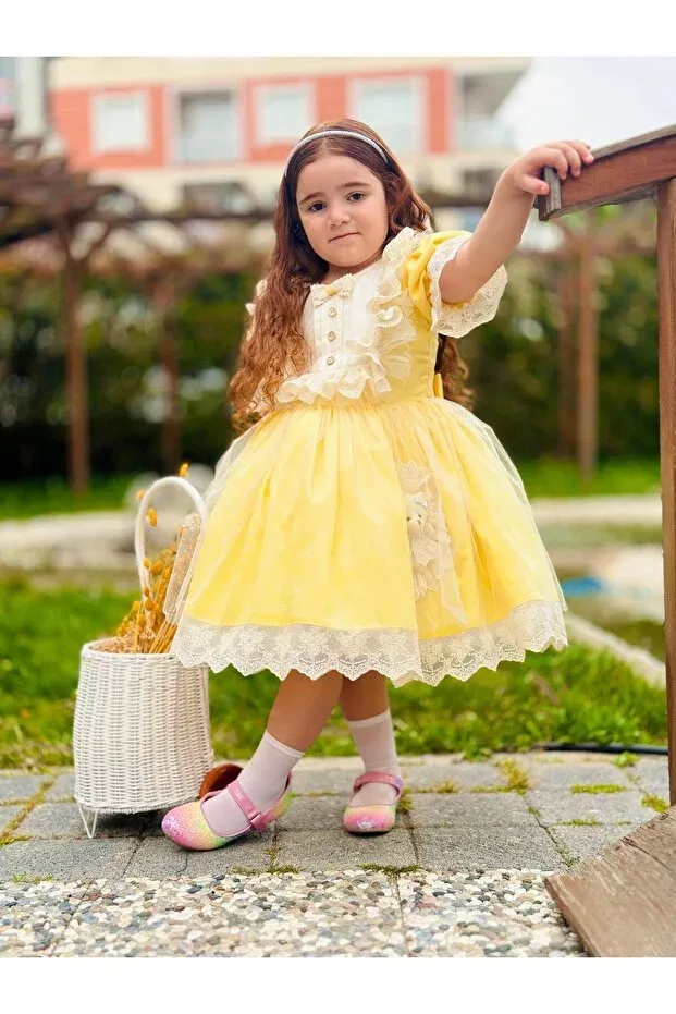 Детское платье для девочек с принтом Yellow Teddy Bear Print Hly Karol Tasarım, Yellow