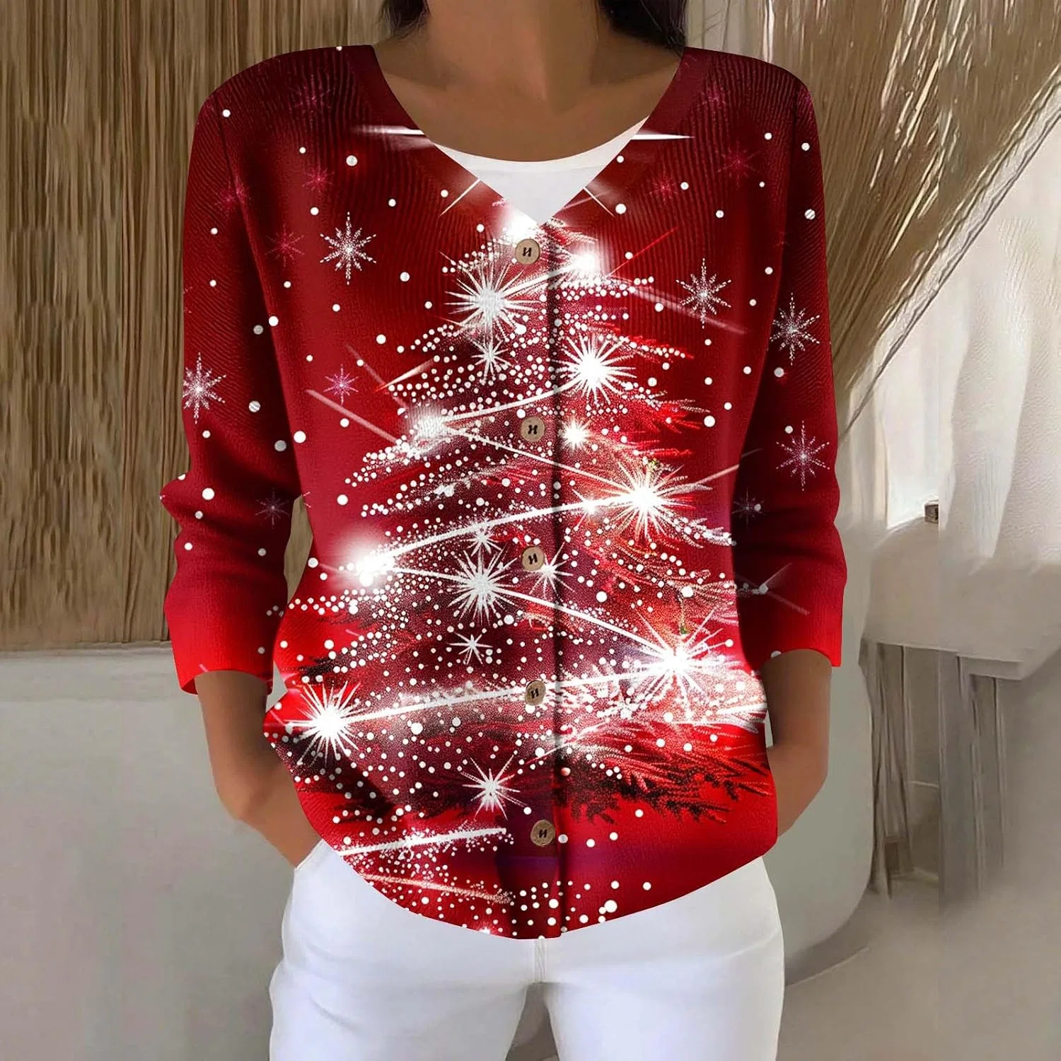 Женский кардиган с принтом Christmas Button Down, красный — фото 2