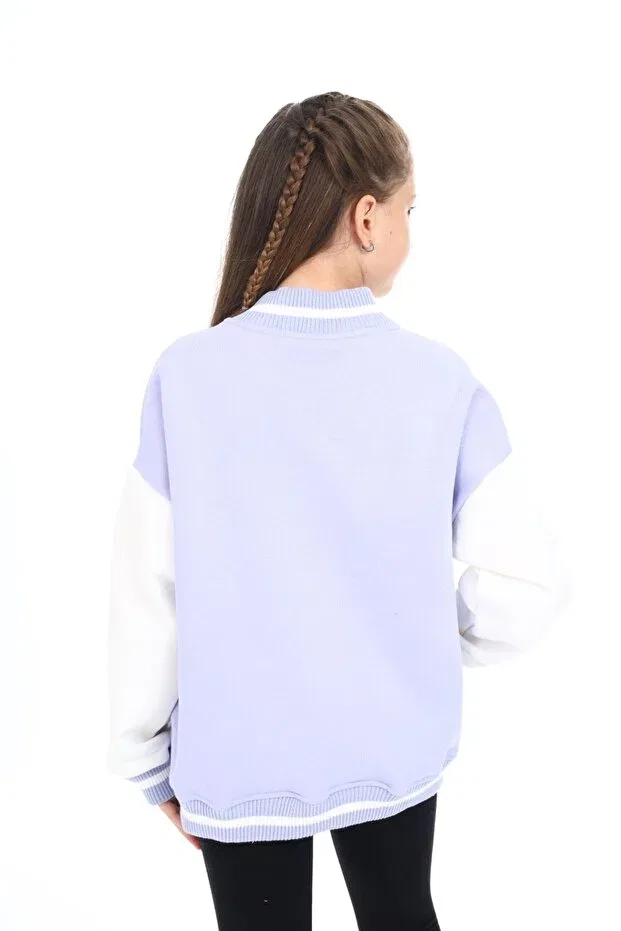 Детский кардиган с принтом Girls' college collar snap closure pocket low shoulder embroidery printed color block knitted cardigan Toontoy, Blue — фото 4