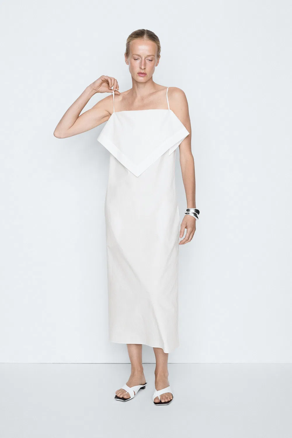 Платье Massimo Dutti, миди, с отделкой-шарфом, белый — фото 3