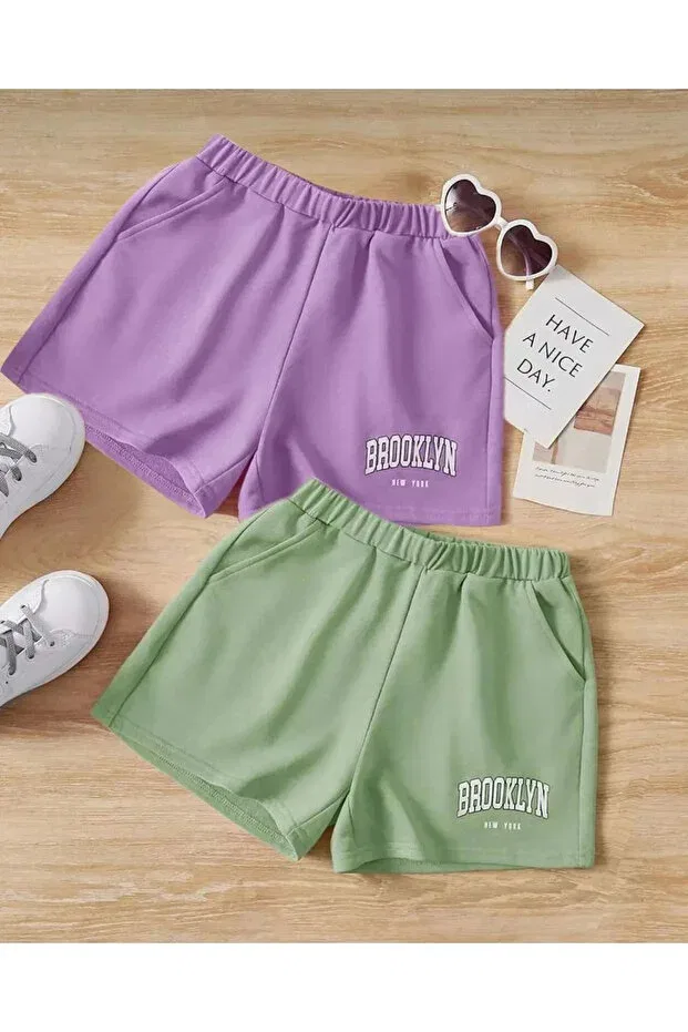 Детские шорты для девочек хлопковые с принтом Brookyn Printed Set Of 2 Summer Short Shorts With Pockets Novibe, Lilaminegreen