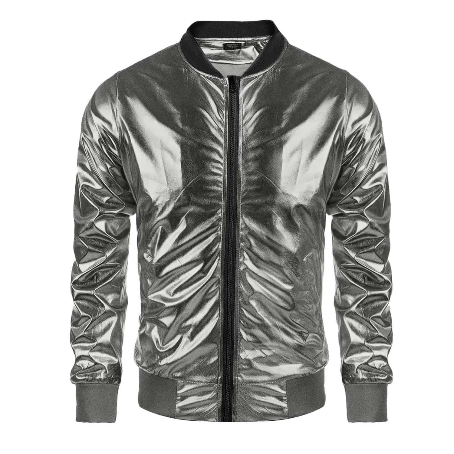 Мужская куртка-бомбер с металлическим блеском, slim fit, на молнии, для вечеринок, silver