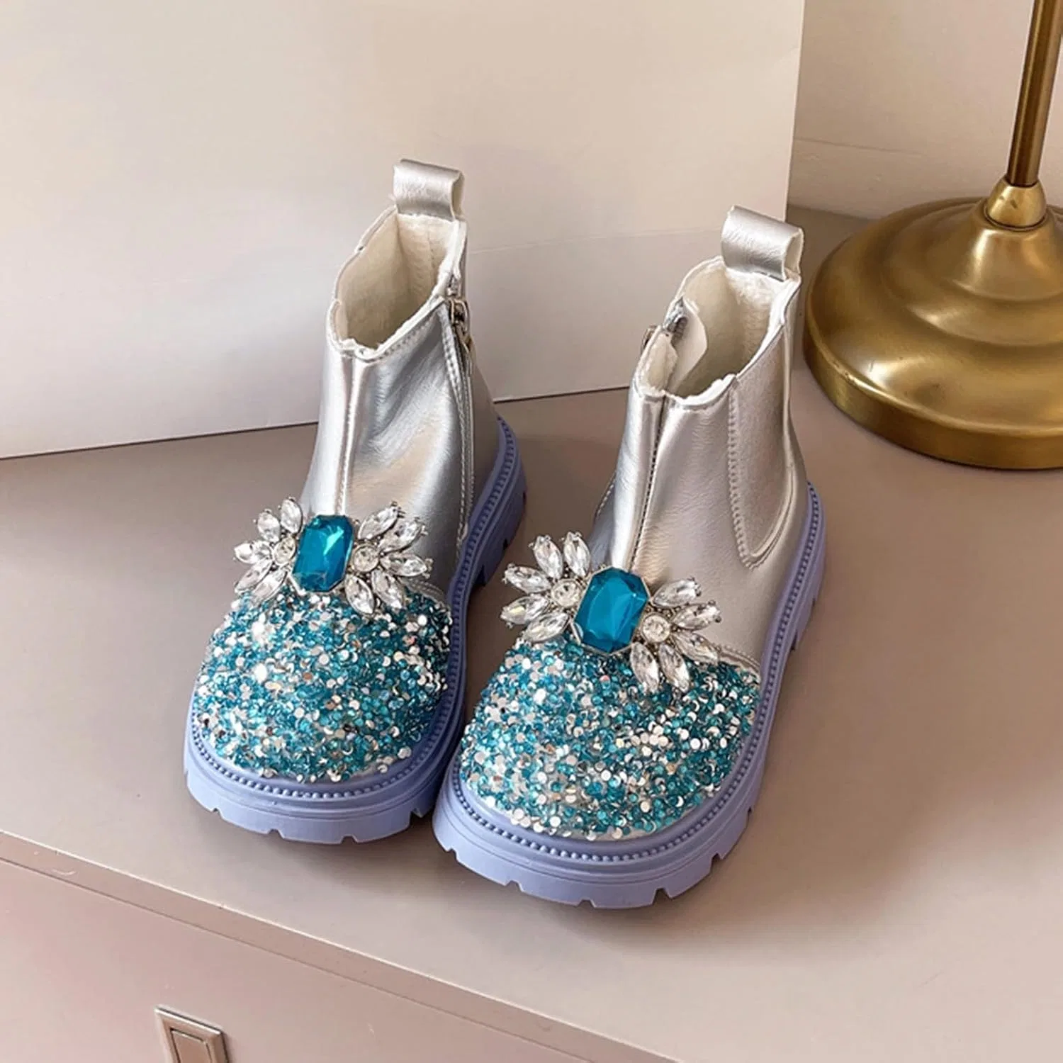 Детские ботинки для девочек с принтом Princess Rhinestone Ankle Boots, Silver — фото 3
