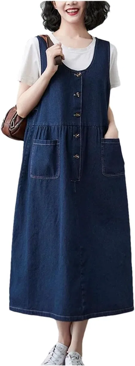 Женское джинсовое платье-комбинезон свободного кроя A-line, Navy Blue