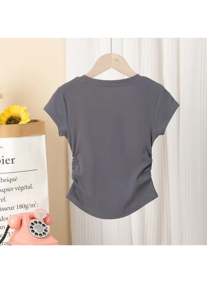 Футболка с принтом букв для девочек, модель Waist Pleat, Jeanswest, серый — фото 3