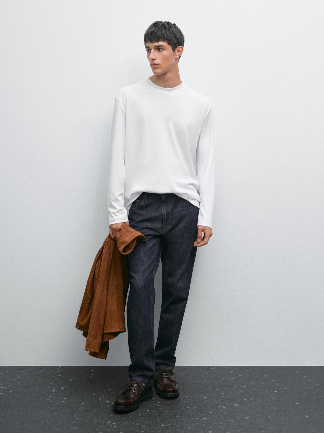 

Футболка с длинным рукавом из хлопка средней плотности Massimo Dutti, белый