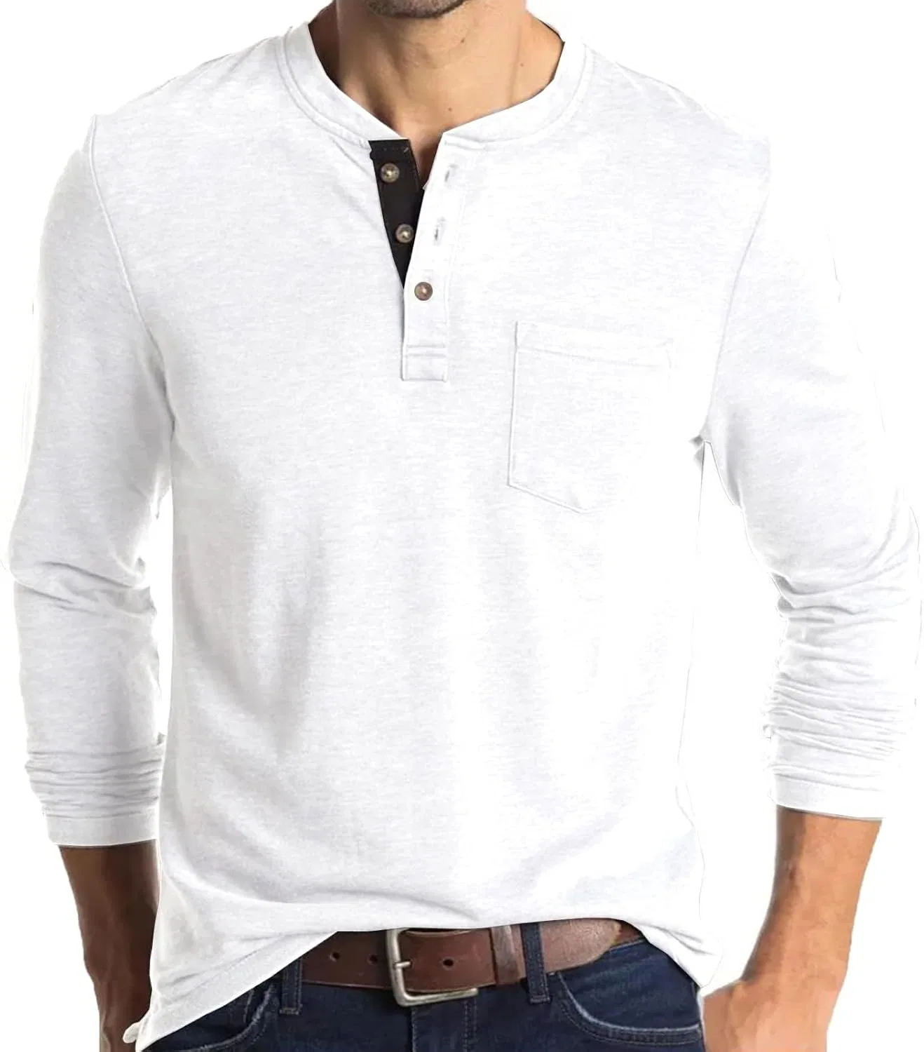 Мужская облегающая футболка с пуговицами Henley, White