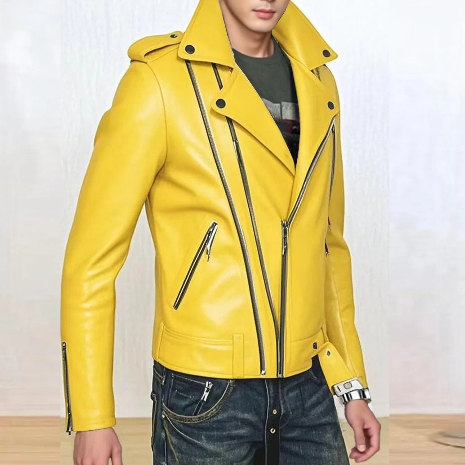 Мужская кожаная куртка-косуха с асимметричной молнией, yellow — фото 3