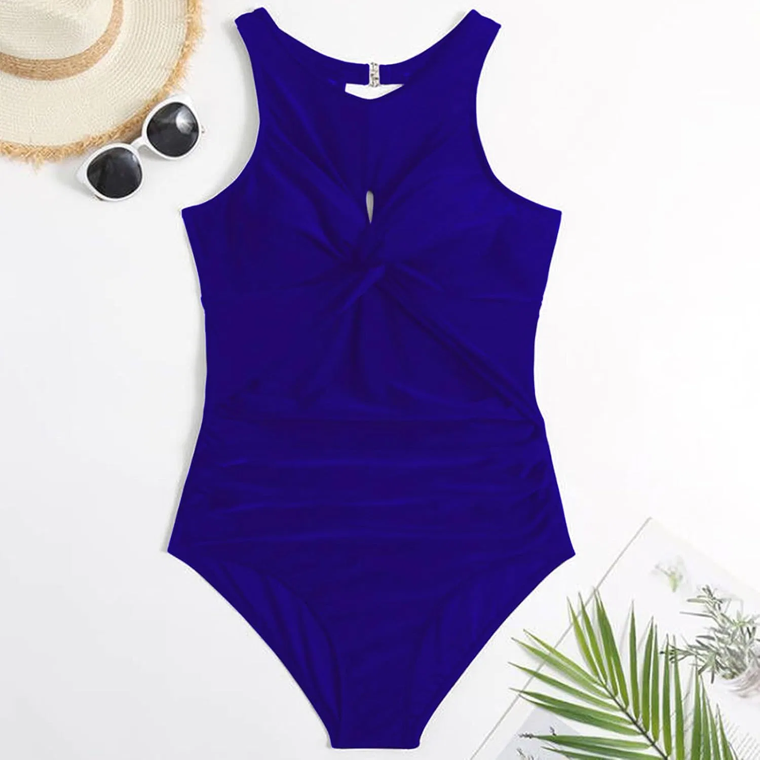 Женский слитный купальник с утяжкой живота High Waist Keyhole Twist Ruched, Blue — фото 2