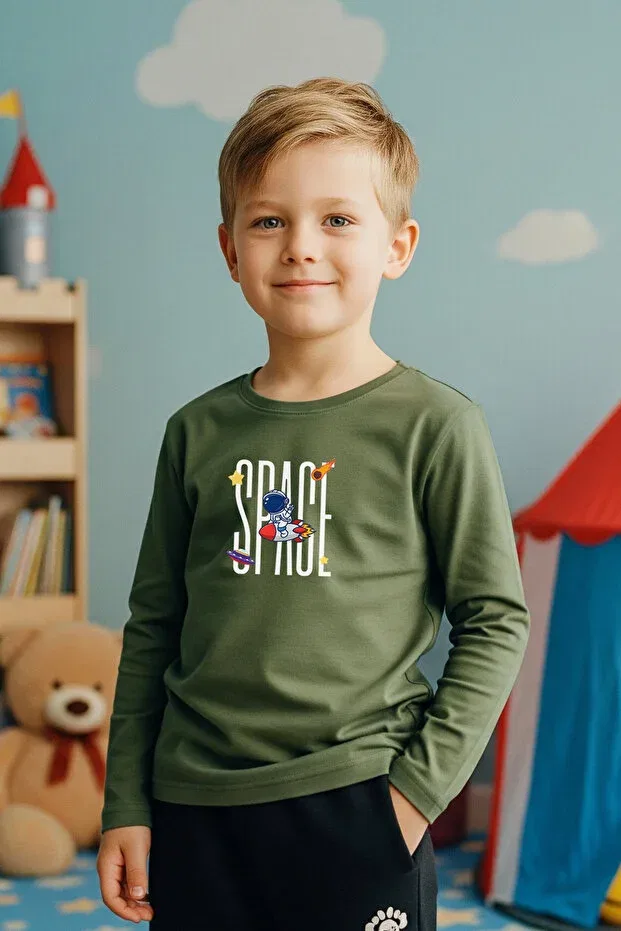 Детские свитшоты для мальчиков с принтом 3-предметный комплект Fyk Kids, Yellow-Khaki-Blue — фото 3