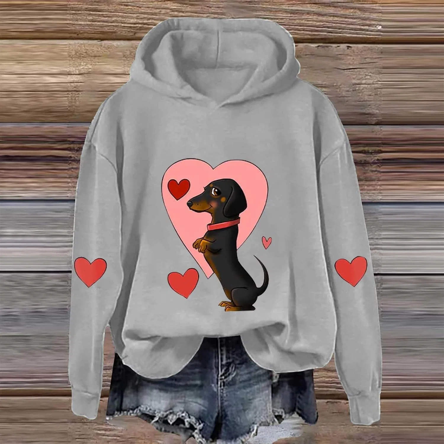 Женский свитшот с принтом даксхунда и сердца, Dachshund Hoodie, серый — фото 2