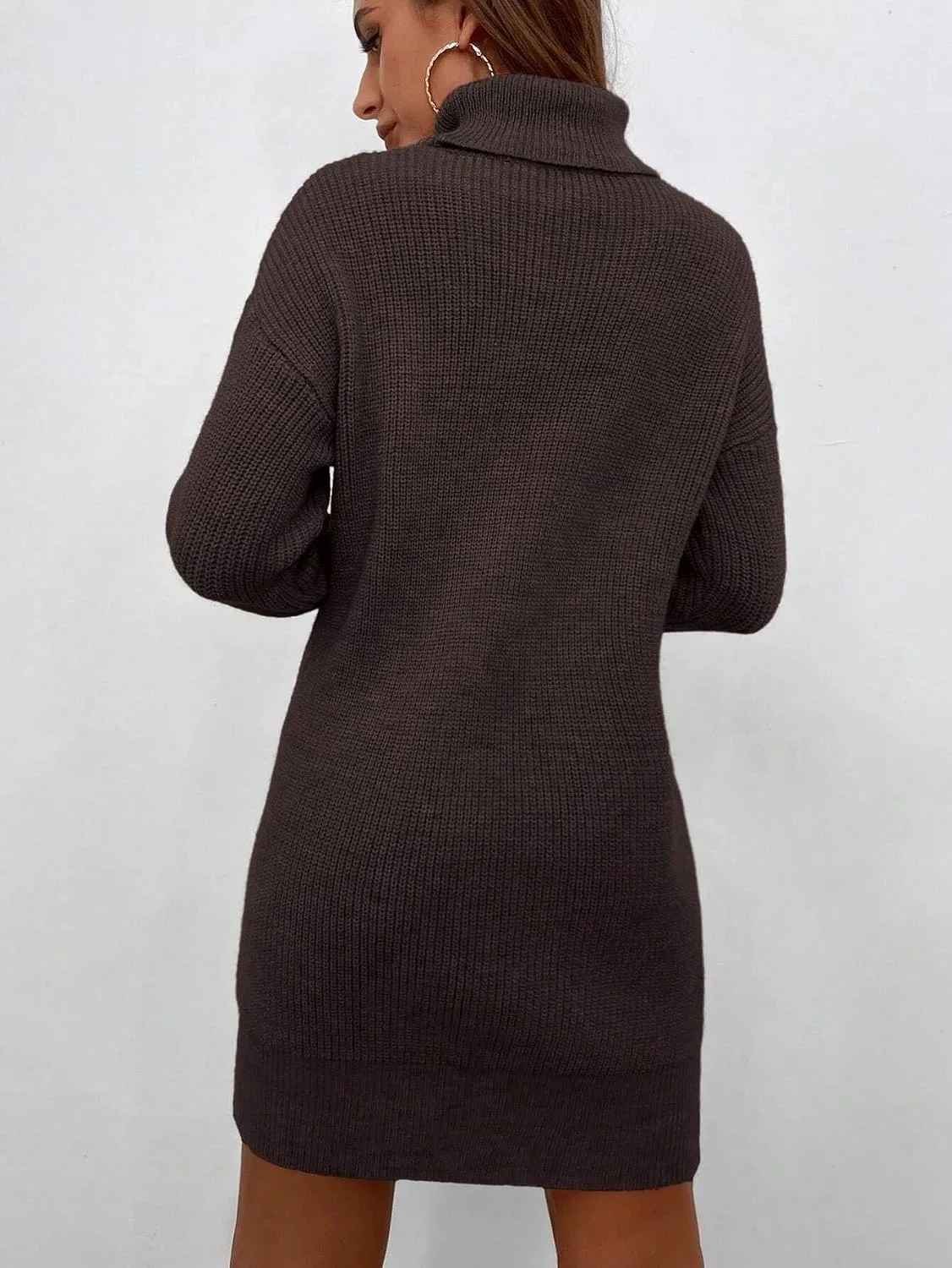 Женское короткое платье свитер с высоким воротником Casual, Chocolate Brown — фото 3