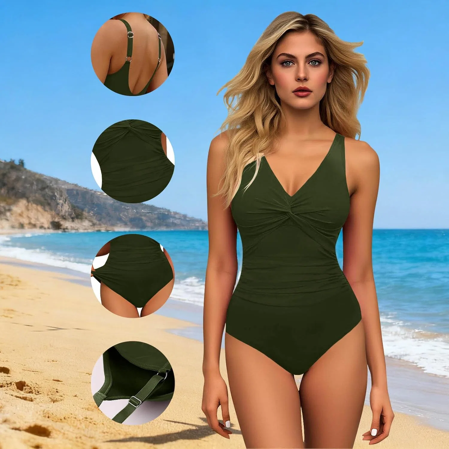 Женский цельный купальник с утяжкой живота и push-up чашками, Army Green — фото 4