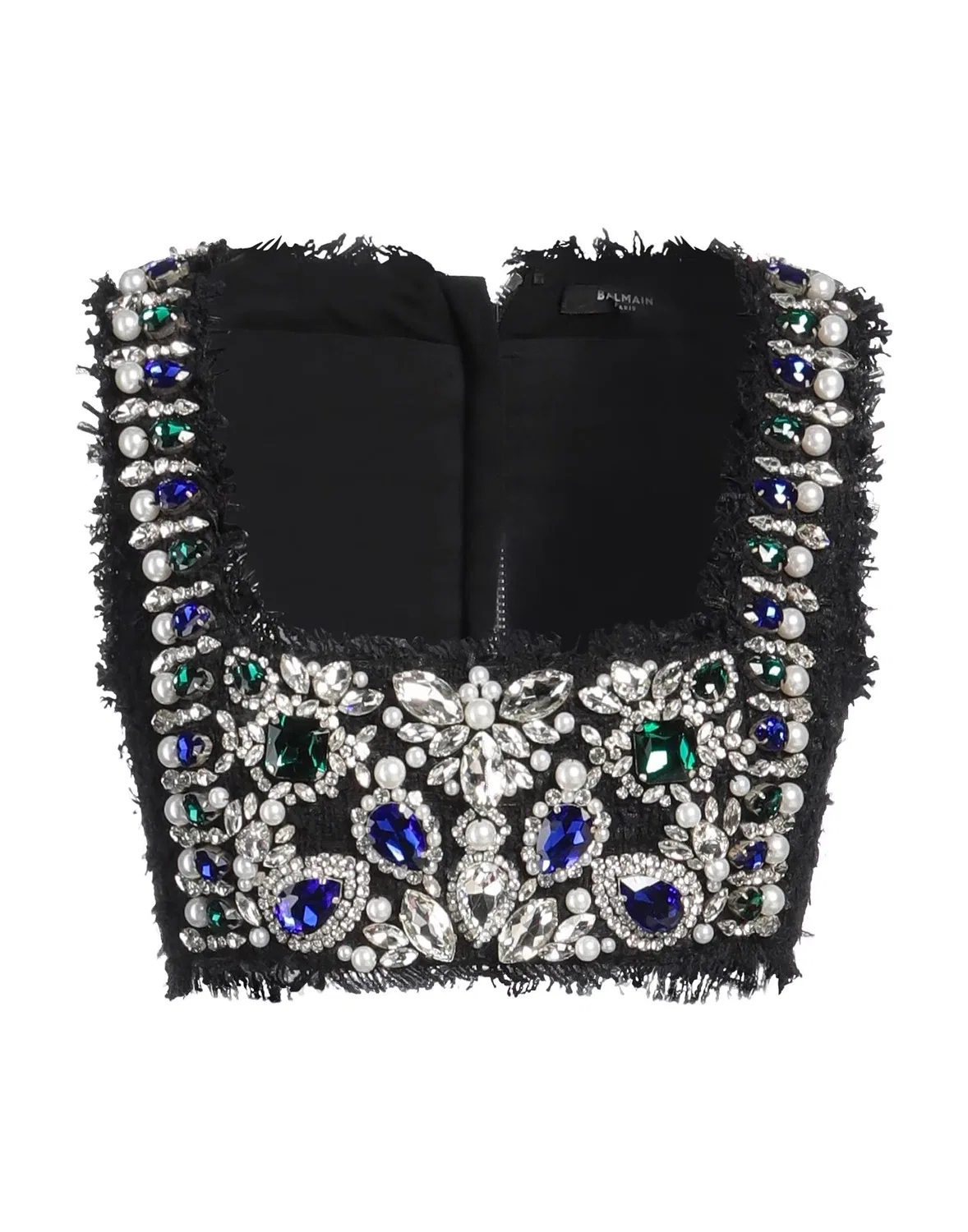 Женский укороченный топ твидовый с аппликациями и кристаллами Balmain, черный