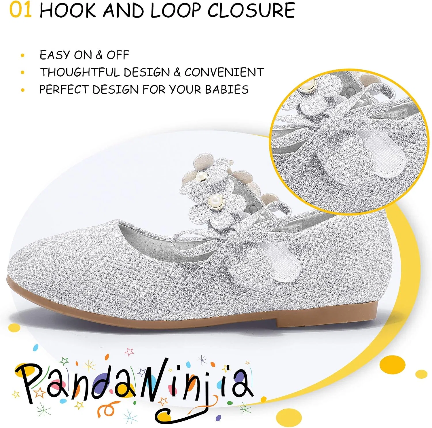 Детские туфли-балетки для девочек с жемчугом PANDANINJIA, Silver Sparkle — фото 3