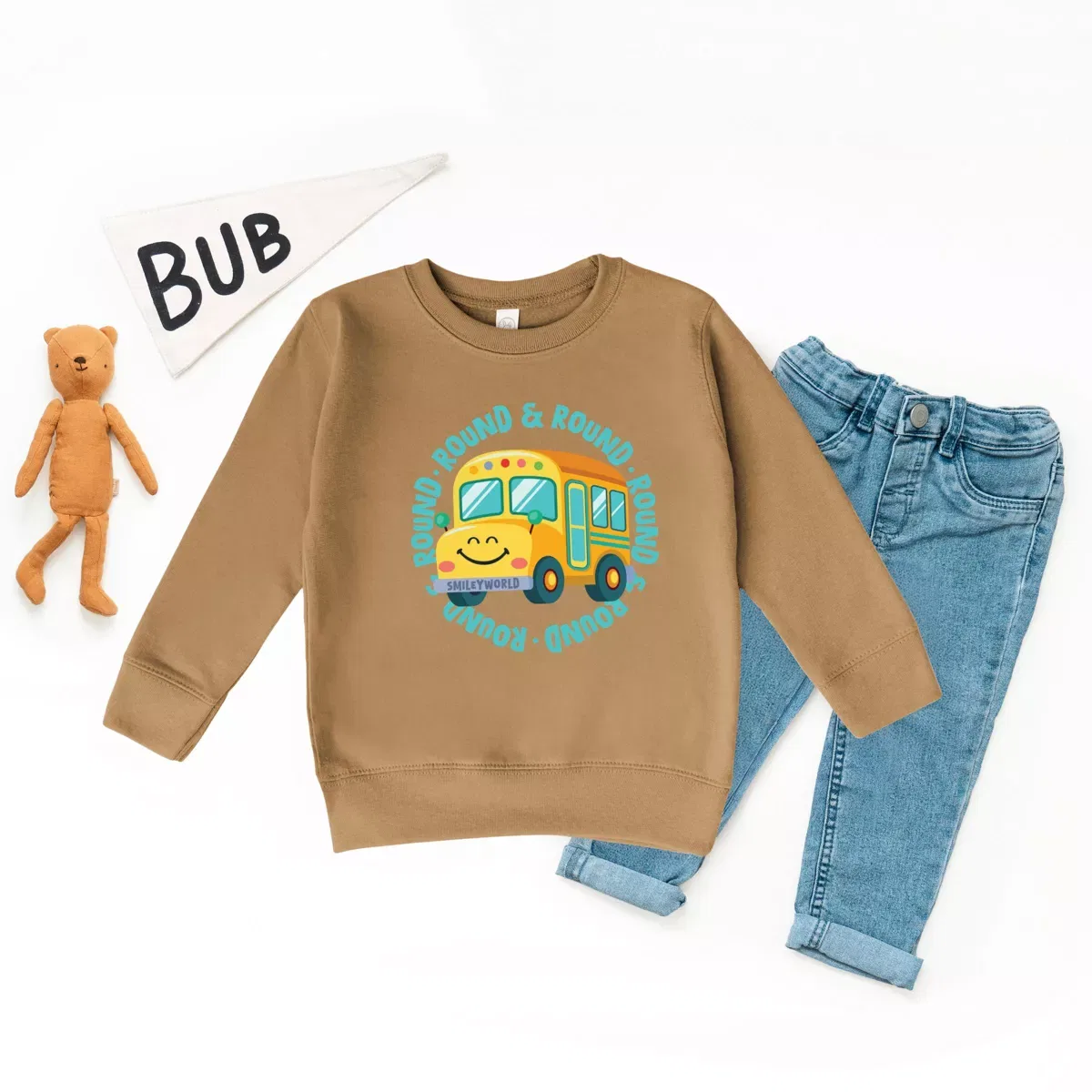 Детский свитшот для девочек с принтом SmileyWorld Round & Round Bus The Juniper Shop, Camel — фото 3