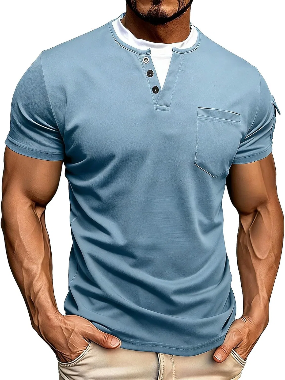 Мужская футболка с V-вырезом и имитацией двух слоёв, Light Blue