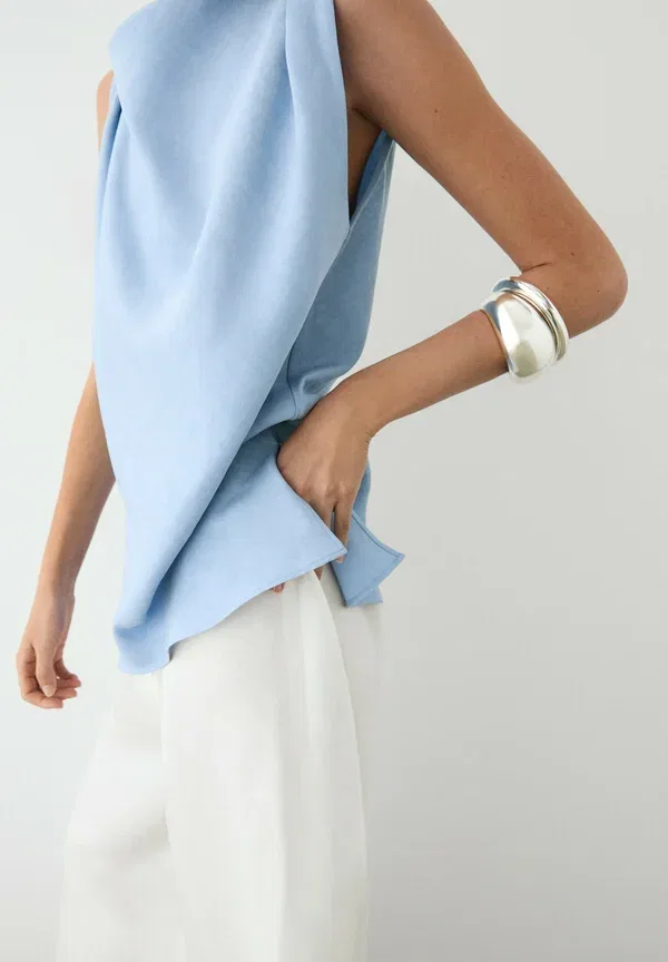 Блуза с запахом Massimo Dutti, light blue, светло-голубой — фото 3