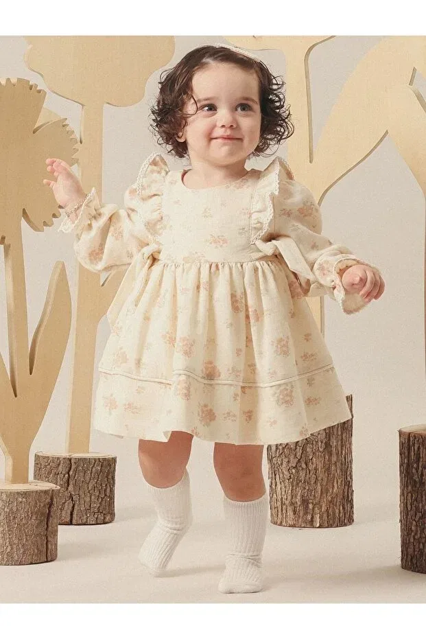 Детское платье для девочек с открытыми плечами Vintage baby dress with shoulder flounces and side ties Cherrys Bebek, Brown