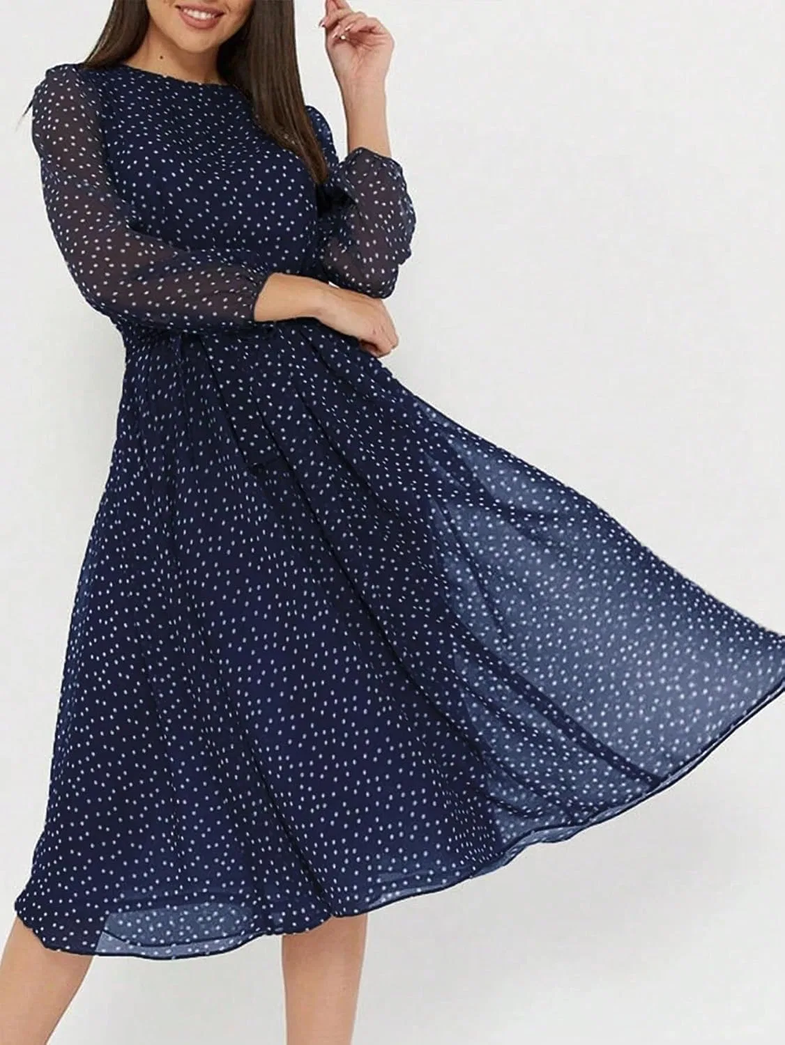 Женское платье с воротником-стойкой и расклешенным силуэтом с принтом, Navy Blue — фото 4