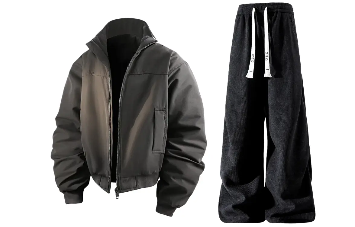 

Повседневная спортивная одежда унисекс с воротником стойкой, утепленная и с флисовой подкладкой X1617, серый puffer jacket+черный fleece-lined pants