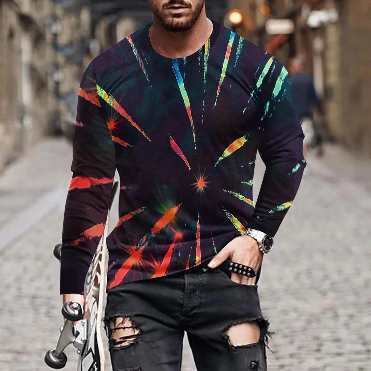 Мужская футболка с 3D графикой Tie Dye Long Sleeve Shirts for Men, Black — фото 2