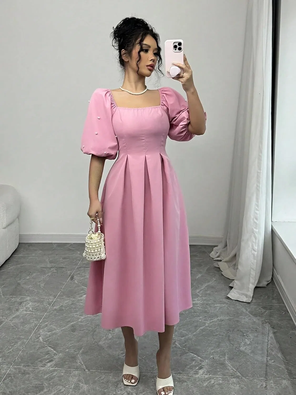 Женское повседневное платье A-силуэта с квадратным вырезом, Pink — фото 3