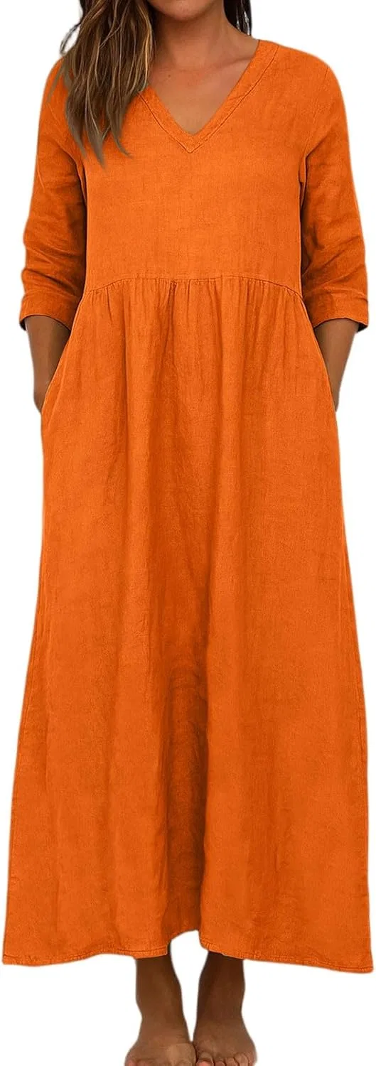 Женское макси-платье с V-образным вырезом Cotton Linen, Orange
