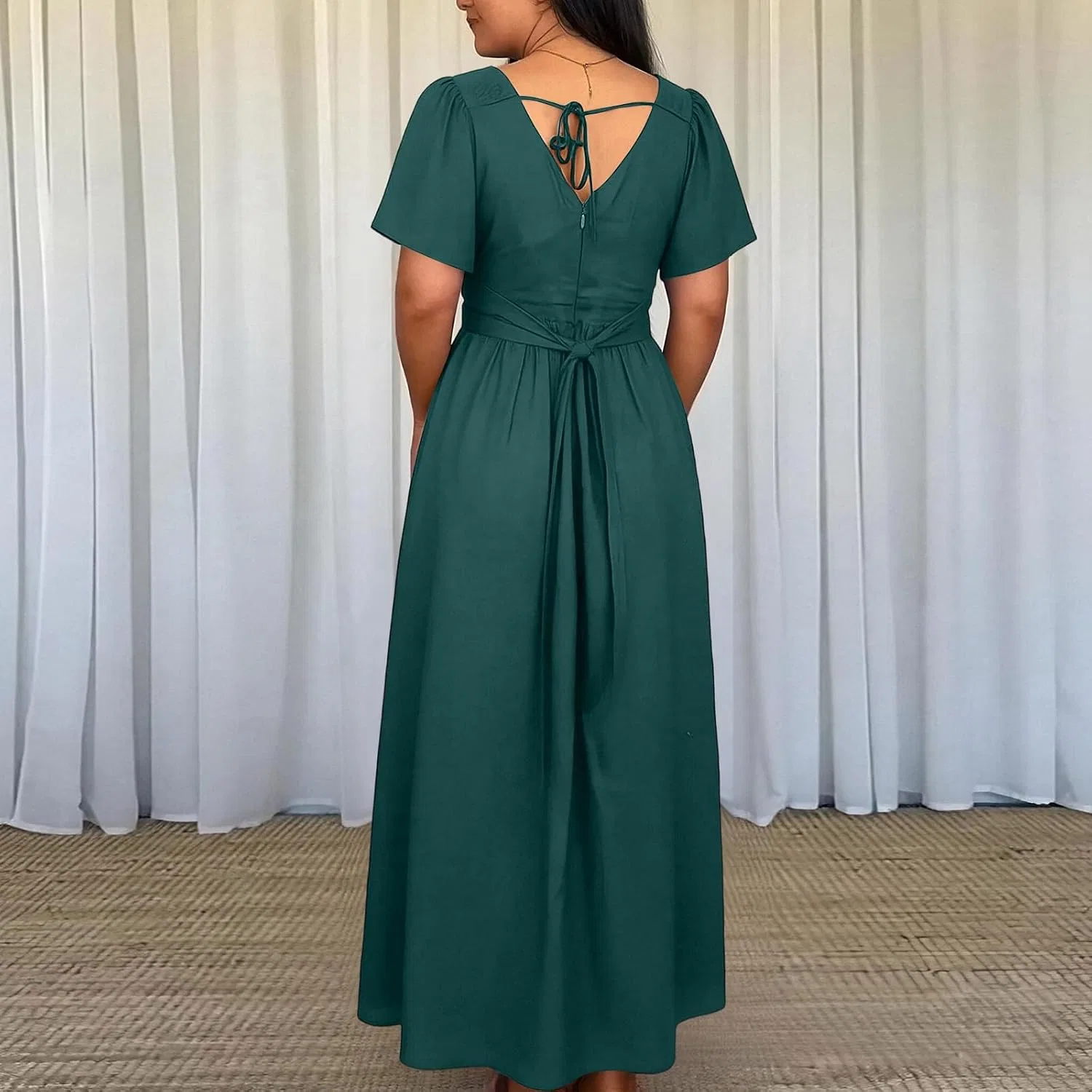 Женское платье-макси с запахом, с принтом, Elegant Dresses for Women Classy Long Formal V Neck Short Sleeve Pleated Wedding Guest Dress with Waist Tie Back Tie, тёмно-зелёный — фото 3