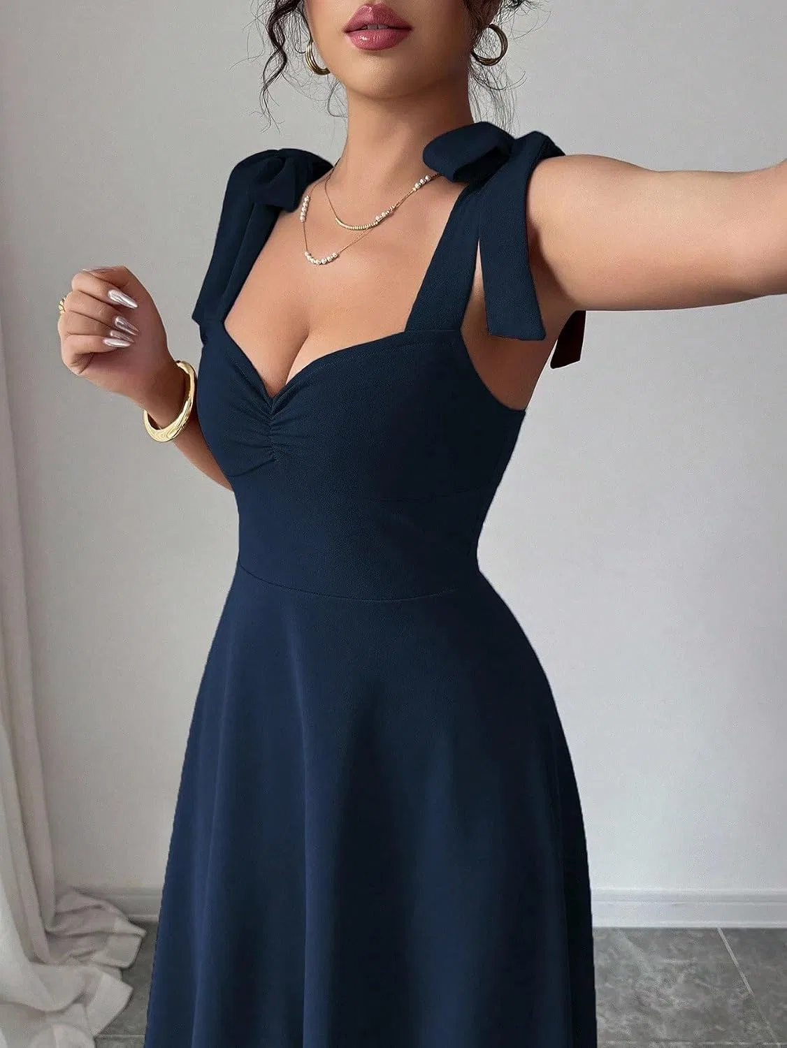 Женское повседневное платье миди с завязками A-силуэта, Navy Blue — фото 4