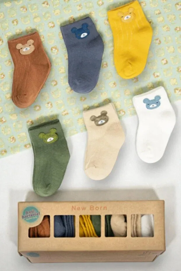Детский набор носков с принтом Organic cotton baby girl and boy socks unisex set of 6 boxed mixed newborn bear embroidered-beb007 Millenex, Multicolor