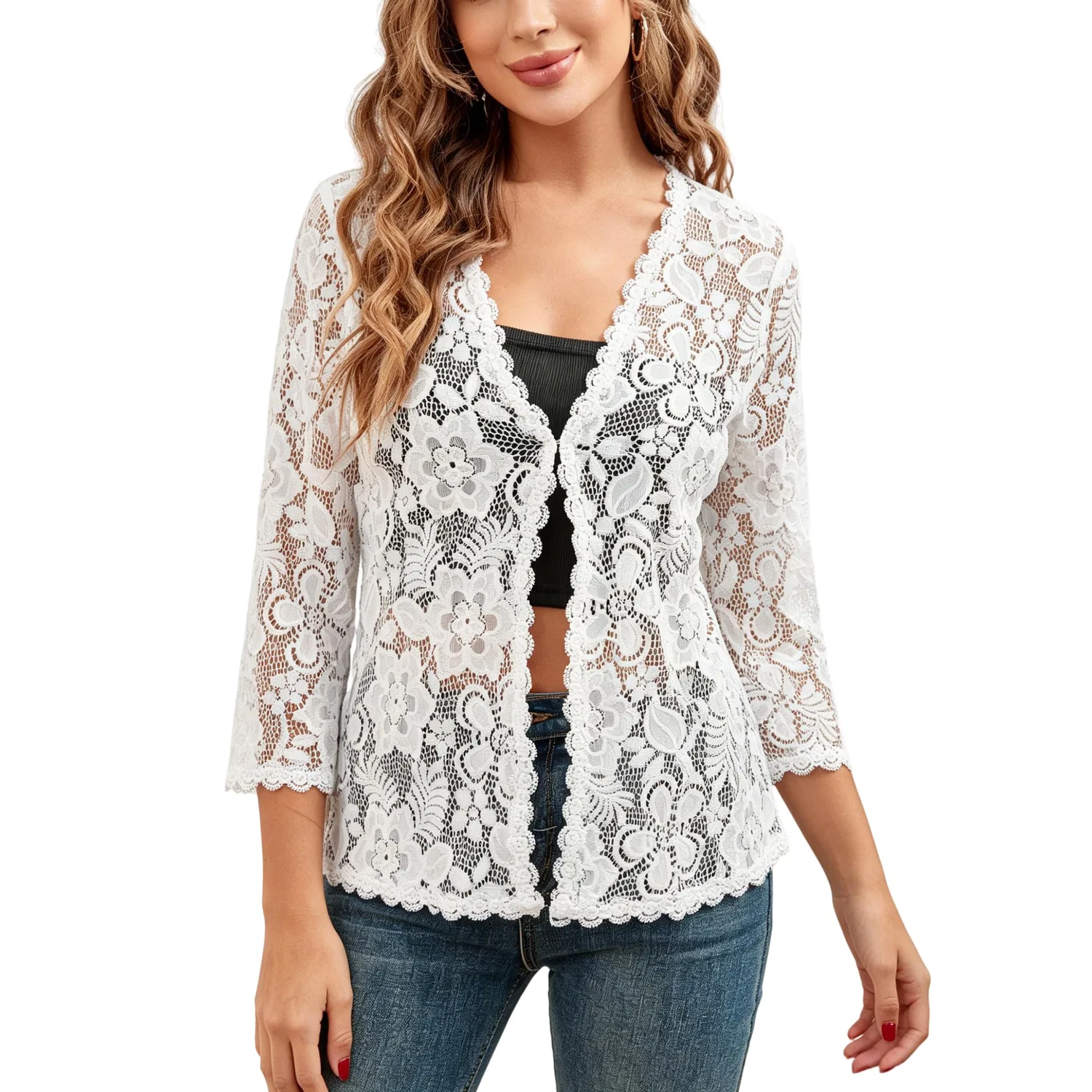Женский кардиган с цветочным кружевом с рукавом 3/4, модель Bolero, White