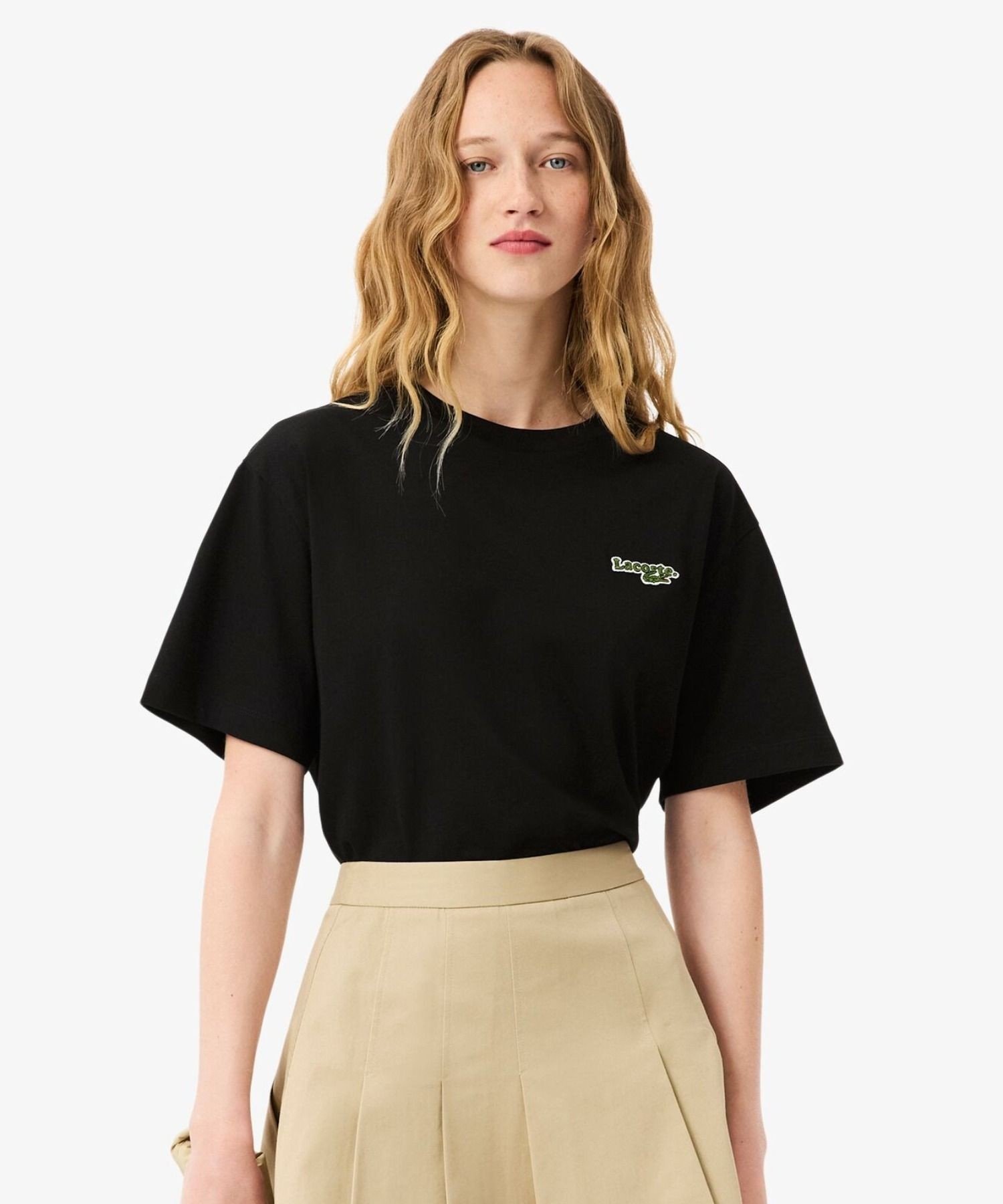 Футболка LACOSTE оверсайз с логотипом и именем, Черная