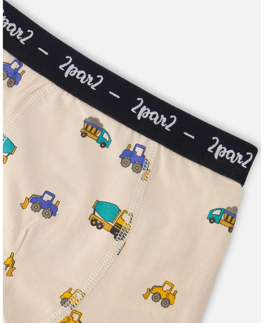 Мальчик в хлопковой кофте с принтом грузовика Deux par Deux, бежевый printed trucks — фото 3