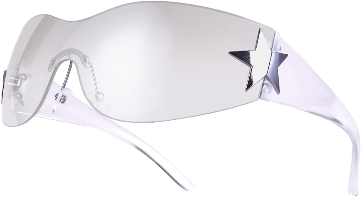 

Солнцезащитные очки Dollger Trendy Y2K для женщин и мужчин, без оправы, в стиле Cyber ​​Y2K, модные очки 2000 года, защитные очки-щитки, E:gradient Grey Lens Clear Templs