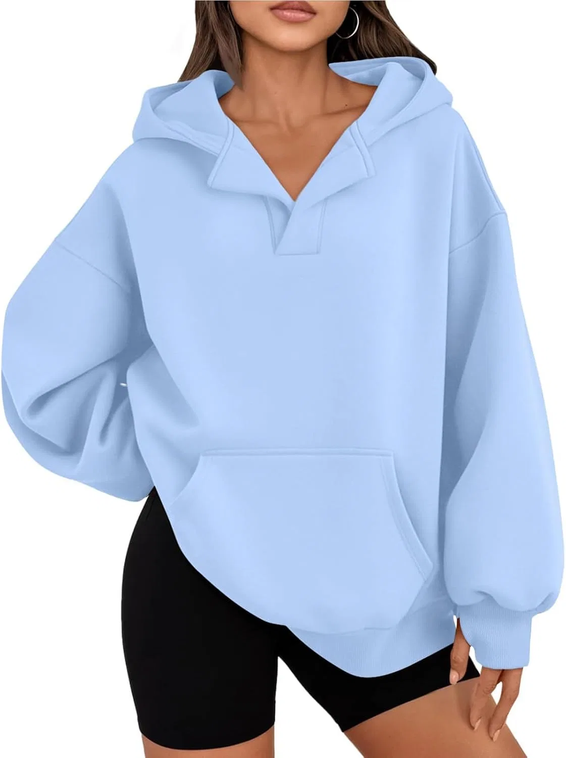 Худи оверсайз женское с V-образным вырезом, длинным рукавом и отверстием для большого пальца, Light Blue — фото 4