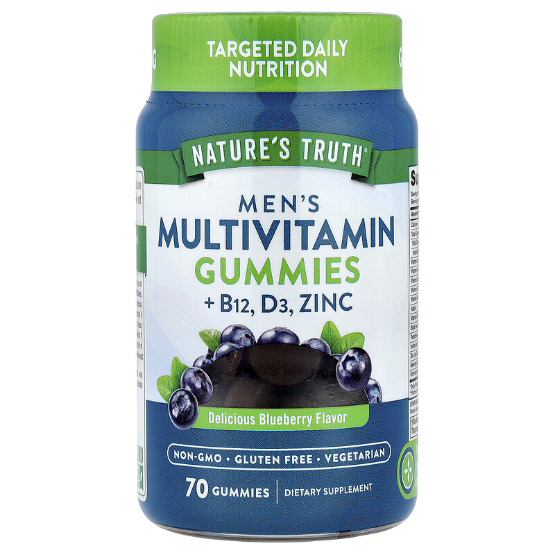 

Nature's Truth, Мультивитаминные жевательные мармеладки для мужчин + B12, D3, цинк, вкусная черника, 70 жевательных таблеток