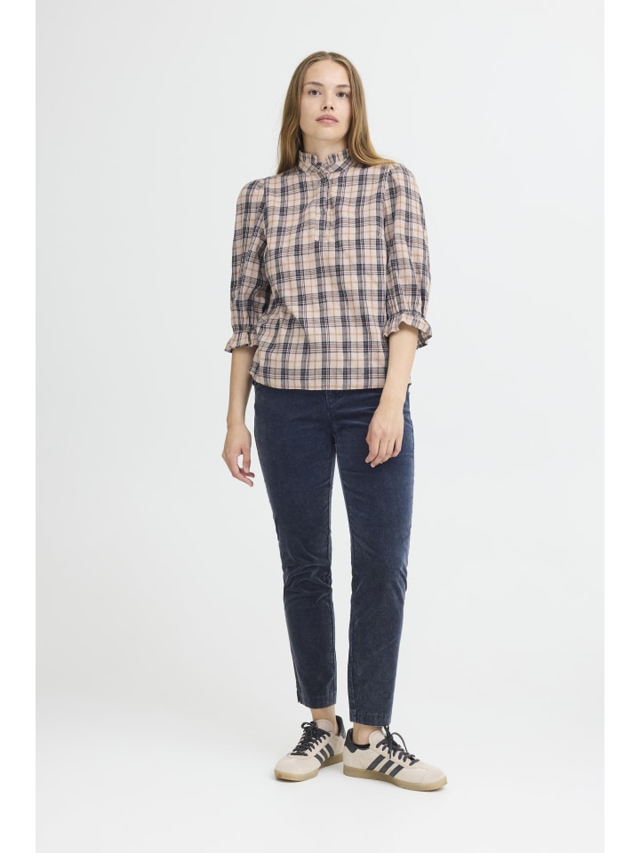 

Блузка с длинными рукавами PZEVIE, классический крой, бежево-темно-синяя клетка Pulz