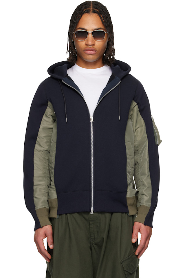 

Sacai Худи из ткани «губка» темно-синего и хаки цвета «губка» и нейлоновой саржи, Синий, Sacai Худи из ткани «губка» темно-синего и хаки цвета «губка» и нейлоновой саржи